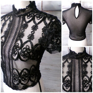 Y2k Charlotte Russe Black Sheer Top S Mesh Lace Ruffles Fairygoth Whimsigoth